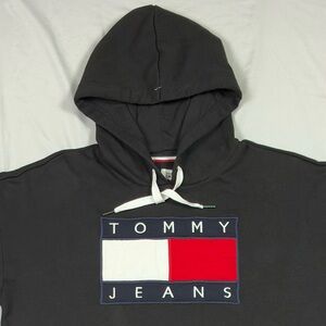Tommy Hilfiger Jeans Hooded Sweatshirt Mini Dress Black Size Medium Logo Flag